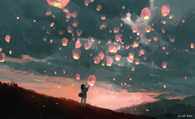 concept art, artwork, Lanterns, sunset
