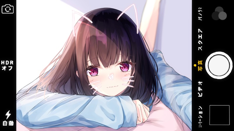 blush, animal ears, purple eyes, brunette, self shot, selfies, filter, frontal view