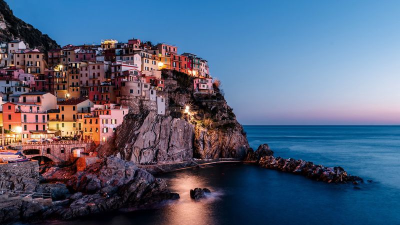 rock, city, sea, sunset, italy, 4k