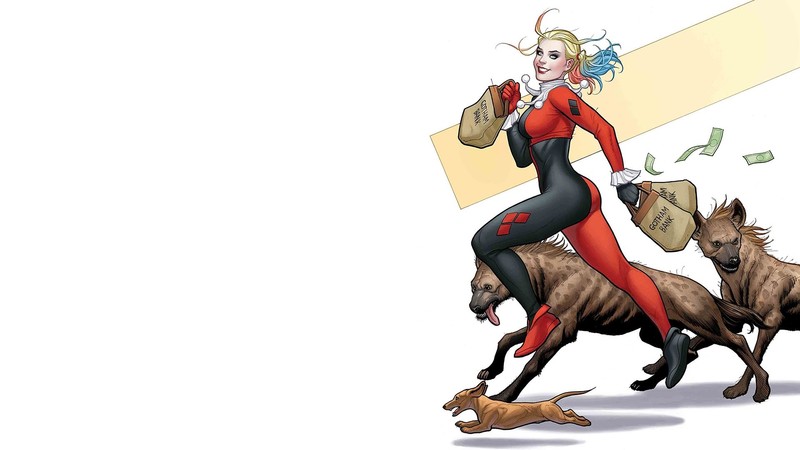 Harley Quinn, DC Comics, superheroines, superhero, women, blonde, costumes, suite, pigtails, dog, hyenas, dollars, money, animals, simple background, white background, comics, comic art, artwork, digital art