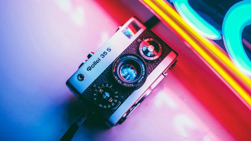 camera, neon, retro, light, colorful, 4k