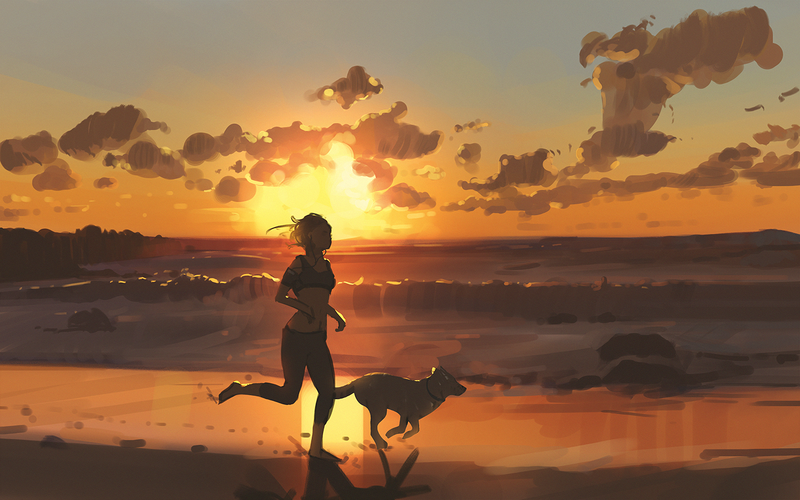 illustration, artwork, digital art, women, sunset, dog, beach, running, jogging