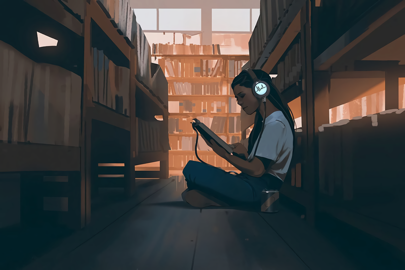illustration, artwork, digital art, women, headphones, library, reading