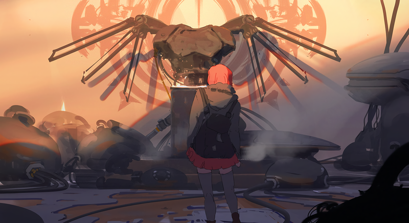 illustration, artwork, digital art, women, redhead, science fiction, backpacks, thigh high socks