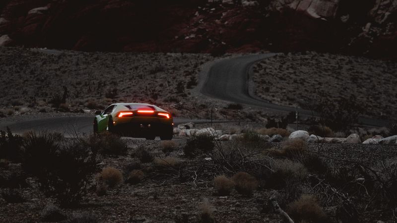 car, sports car, mountains, lights, relief, rocks, 4k