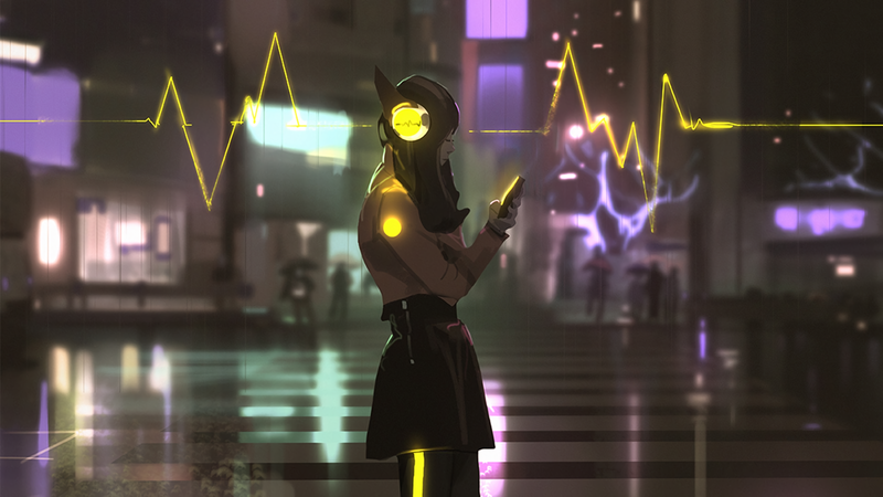 illustration, artwork, digital art, women, night, headphones, street