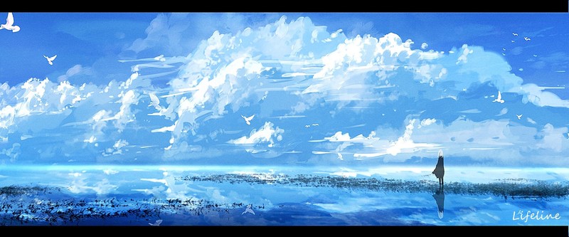 anime, Lifeline, sky, clouds, nature, birds