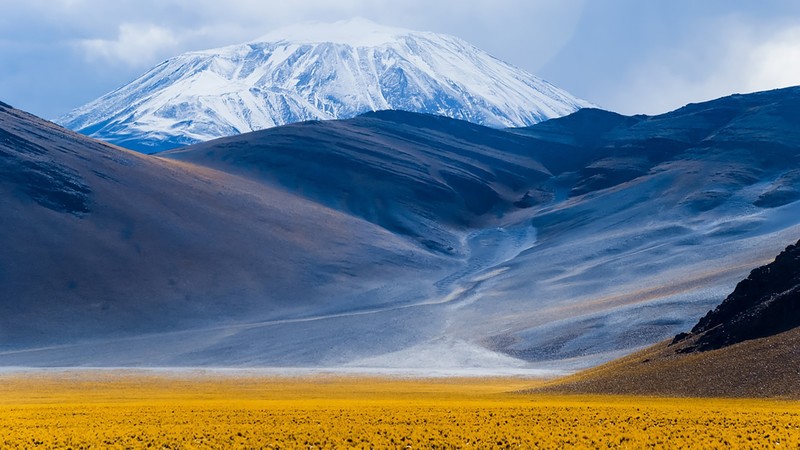 nature, landscape, mountains, clouds, grass, snowy mountain, volcano, Andes, Argentina