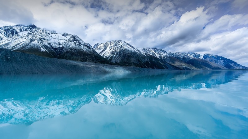 nature, landscape, mountains, snow, clouds, sky, water, water ripples, reflection, snowy mountain, Tasman Lake, New Zealand