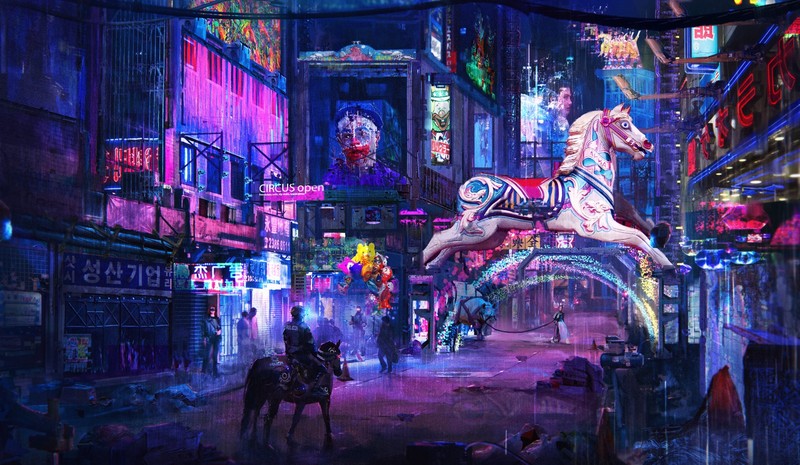 artwork, digital, digital art, concept art, futuristic, street, circus, cyberpunk, science fiction, 2D, people, horse, security, lights, neon, neon glow, neon lights, poster, cityscape, skyscraper, stores, Sergii Golotovskiy