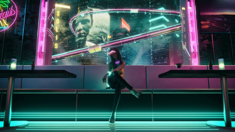 artwork, digital, digital art, concept art, synthwave, Retrowave, vaporwave, night, Nightclub, OutRun, Blade Runner, skyscraper, table, couch, neon, neon glow, neon lights, lights, poster, cocktails, VR Headset, David Legnon