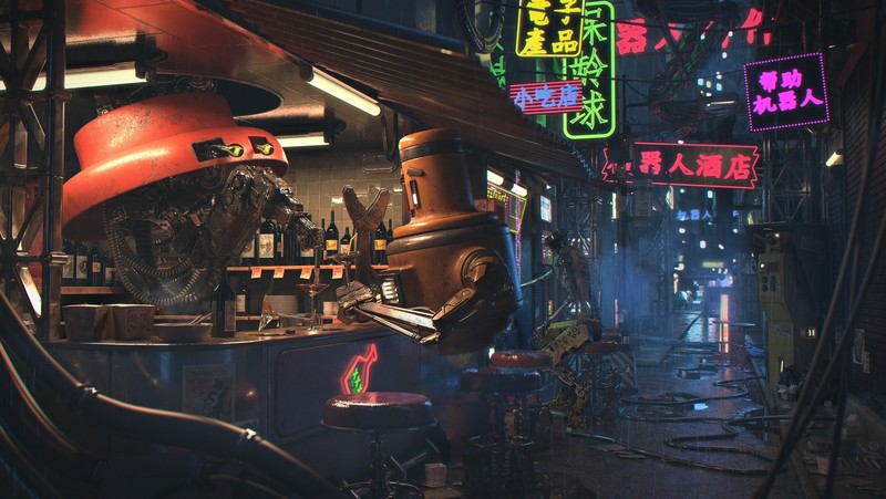 digital, digital art, artwork, science fiction, Robots, street view, cyberpunk, Retrowave, synthwave, futuristic, pipeline, city, China, stores, signboard, lights, colorful, Aleksander Galevskyi, rain, Chinese character