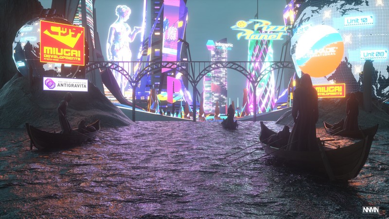 artwork, digital, digital art, water, concept art, surreal, Cinema 4D, boat, people, cityscape, poster, colorful, skyscraper, Retrowave, synthwave, vaporwave, PlayStation, river, Nolan Martin