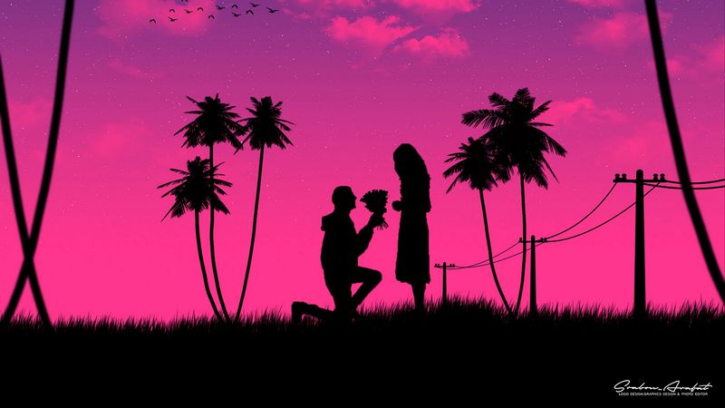 silhouettes, love, couple, romance, night, art, 4k