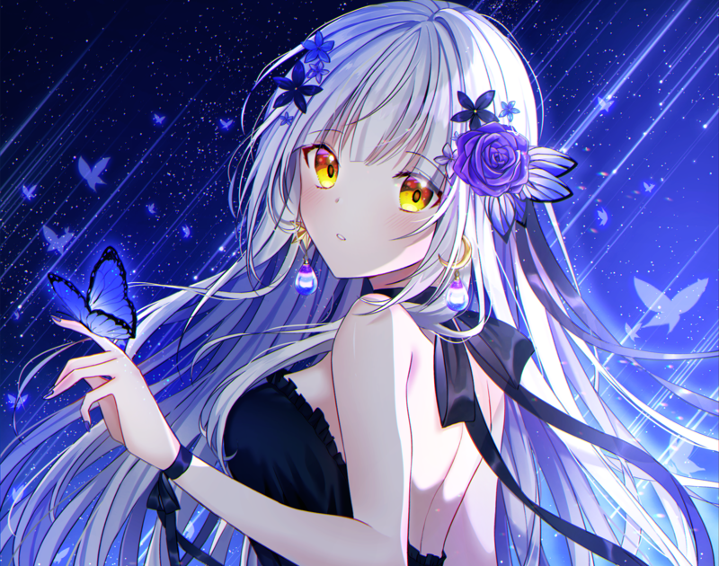 white hair, yellow eyes, blush, long hair, flowers, night, rose, sky, stars