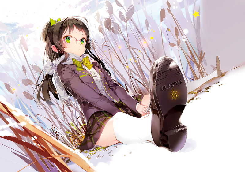 Anmi, green eyes, skirt, glasses, snow, bow, scarf, scan
