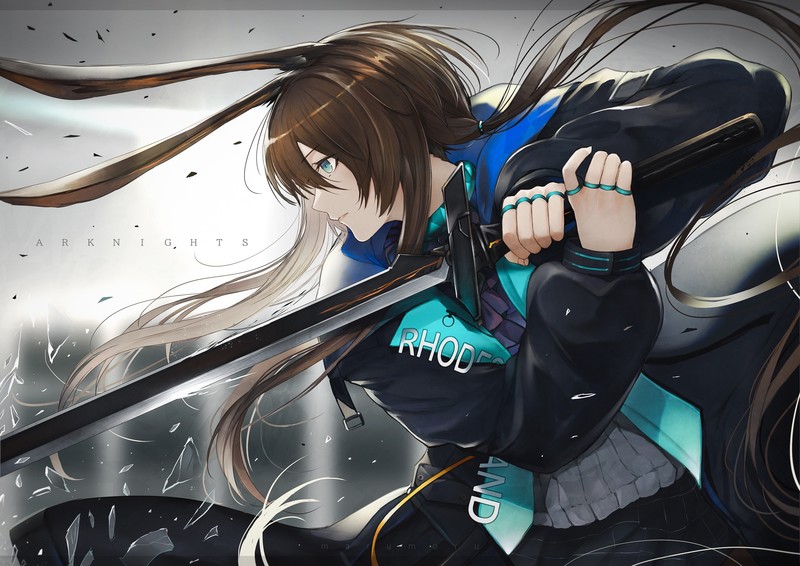 Amiya (Arknights), animal ears, brunette, blue eyes, long hair, sword, weapon, Arknights