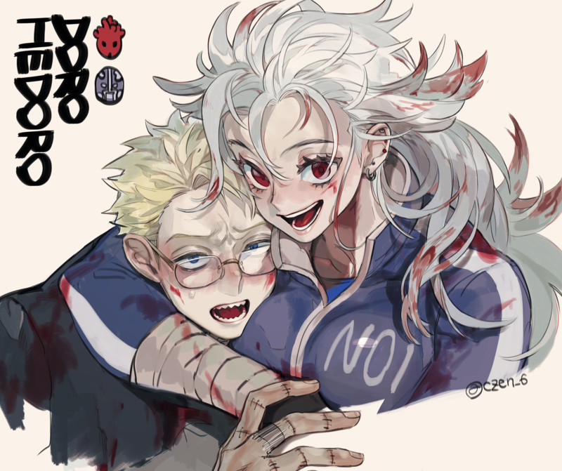 Dorohedoro, anime girls, anime boys, 2D, simple background, hugging, short hair, blond hair, grey hair, big boobs, blushing, embarrassed, blood stains, men with glasses, looking at viewer, red eyes, blue eyes, open mouth, bandage, Noi (Dorohedoro), Shin (Dorohedoro), fan art