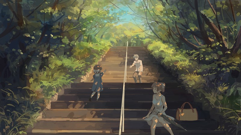 Clannad, anime girls, anime boys, 2D, short hair, brunette, blue hair, Ushio Okazaki, Okazaki Tomoya, Nagisa Furukawa, white dress, fan art, stairway, visual novel