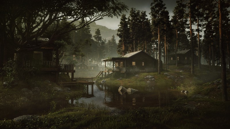 artwork, concept art, trees, forest, water, digital, plants, house, mountains, barrels, clouds, mist, abandoned, village, sunset