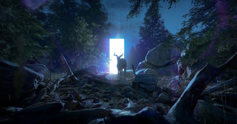 digital, artwork, concept art, rocks, dead trees, trees, plants, deer, gates, door, night, glowing, Jakub Javora