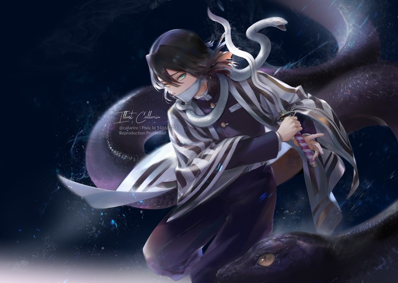 anime, digital art, artwork, 2D, portrait, Obanai Iguro, snake, Kimetsu no Yaiba
