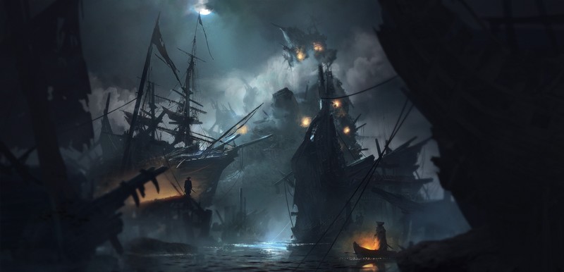 Pirate ship, Moon, clouds, artwork, concept art, water, water ripples, shipwreck, pirates, rocks, night