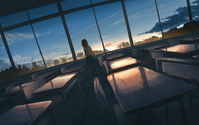 anime, city, digital art, artwork, moescape, schoolgirl, clouds, sunset