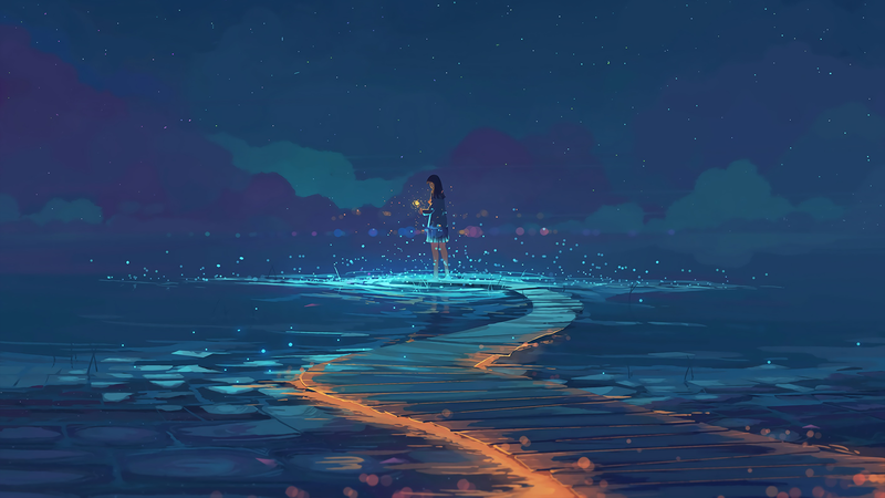 anime, 2D, artwork, moescape, landscape, digital art, night, sky, clouds, stars, blue