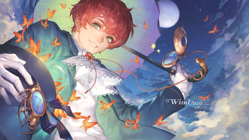 anime, 2D, artwork, digital art, anime boys, green eyes, umbrella