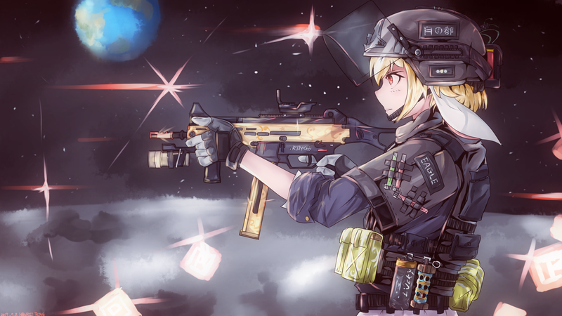 anime, 2D, artwork, digital art, anime girls, gun, Moon