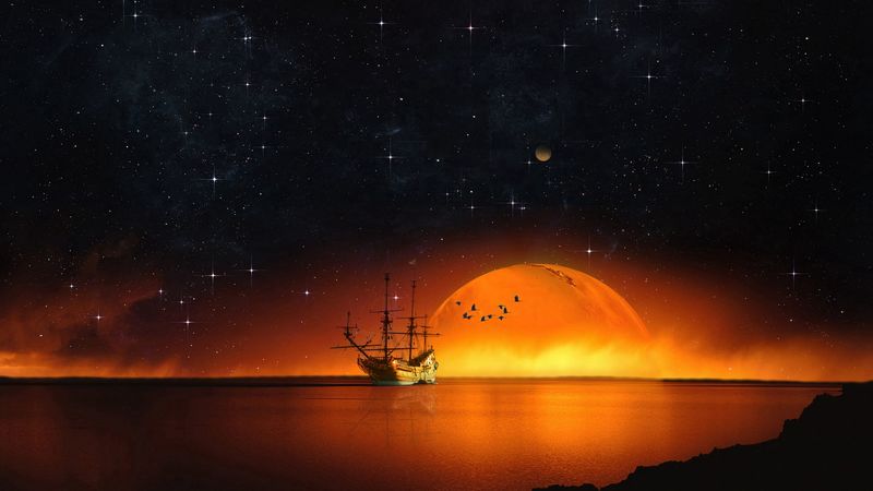 ship, starry sky, night, sea, photoshop, 4k