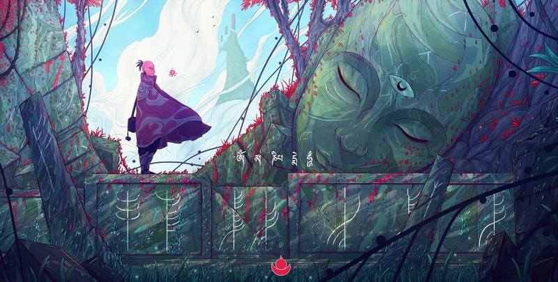 Christian Benavides, digital art, illustration, colorful, men, nature, monks, ruins, rocks, fantasy art, leaves