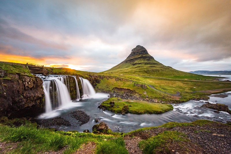 waterfall, river, outdoors, sunset, Iceland, water