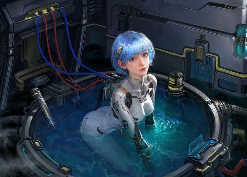 JiaYuan Song, Neon Genesis Evangelion, Evangelion:3.0, Ayanami Rei, liquid, suits, futuristic, short hair, blue hair, blue eyes, high angle, anime girls, 2D, plugsuit, looking at viewer, thighs, fan art, ass