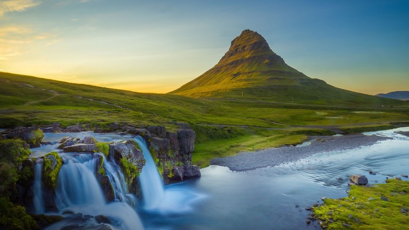 nature, landscape, mountains, grass, water, waterfall, plants, clouds, sky, sunset, Kirkjufell, Iceland