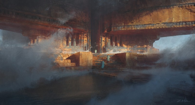 environment, architecture, mist, water, fantasy art, digital art