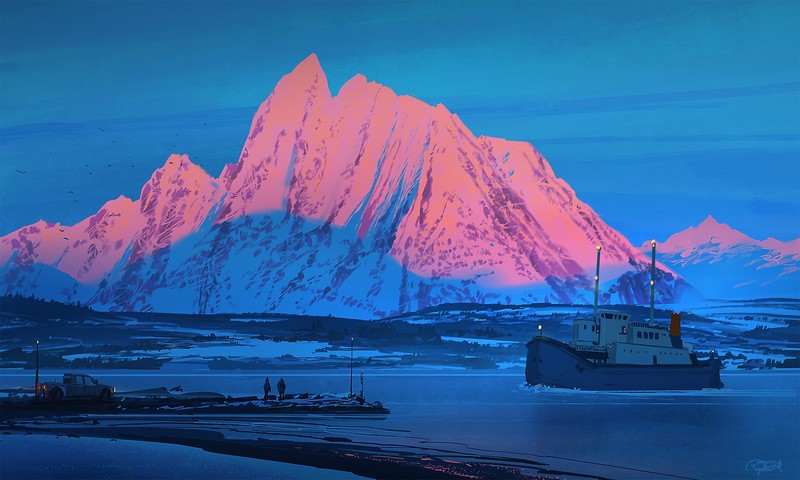 winter, snow, mountains, boat, digital art, lightning, truck, environment, Raphael Lacoste