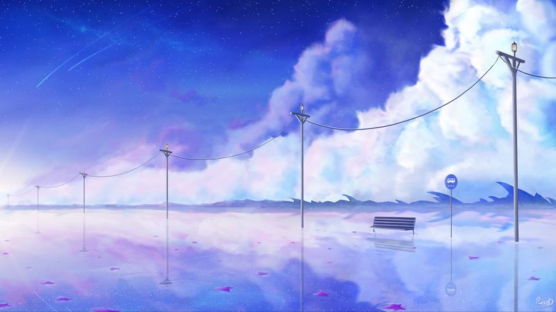 bench, clouds, fabulous, wires, 4k