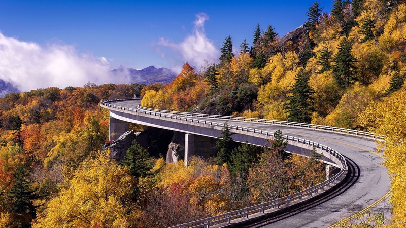 nature, landscape, bridge, trees, sky, clouds, road, fall, mountains, Linn Cove Viaduct, North Carolina, USA