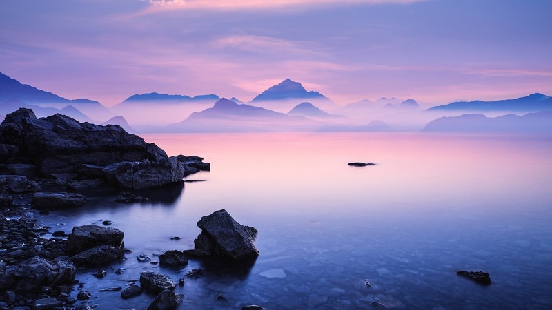 nature, landscape, rocks, mountains, clouds, water, clear water, mist, dawn, British Columbia