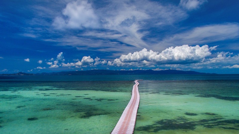 nature, landscape, water, coral reef, clouds, mountains, water ripples, sky, floating, bridge, Thailand