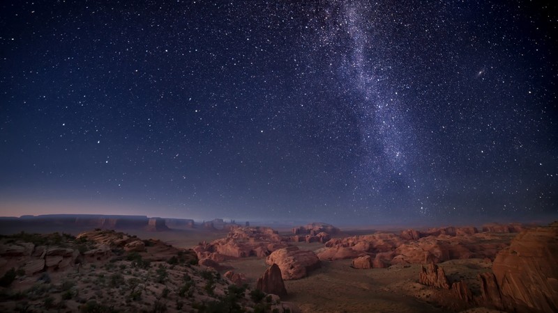 nature, landscape, plants, rocks, mountains, canyon, stars, night, horizon, galaxy, Monument Valley, Arizona, USA