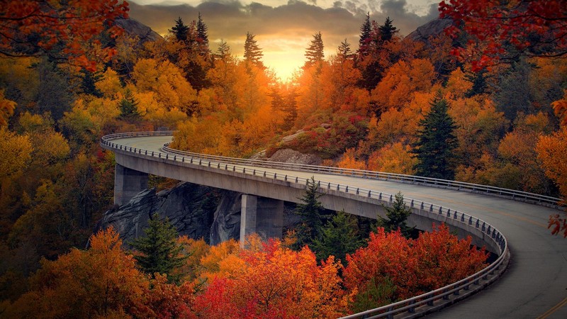 nature, landscape, fall, trees, bridge, clouds, sky, mountains, forest, road, rocks, USA, Linn Cove Viaduct