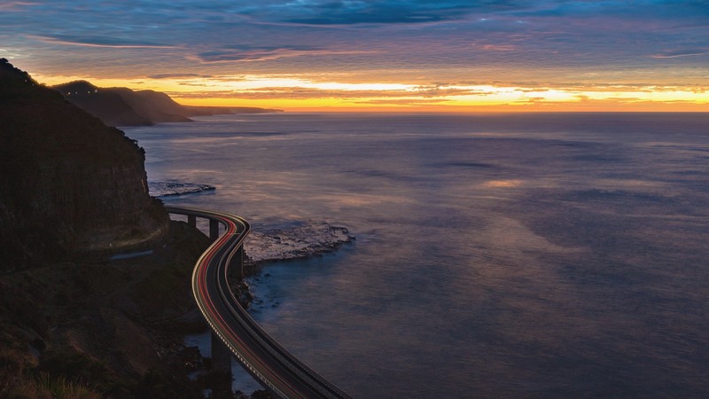 nature, landscape, mountains, bridge, road, highway, sunset, clouds, sky, horizon, long exposure, sea, Sea Cliff Bridge, New South Wales, Australia, Pacific Ocean