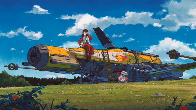 anime, Star Wars, BB-8, digital art, artwork, Star Wars Droids, spaceship, grass, clouds, anime girls, original characters, Studio Ghibli