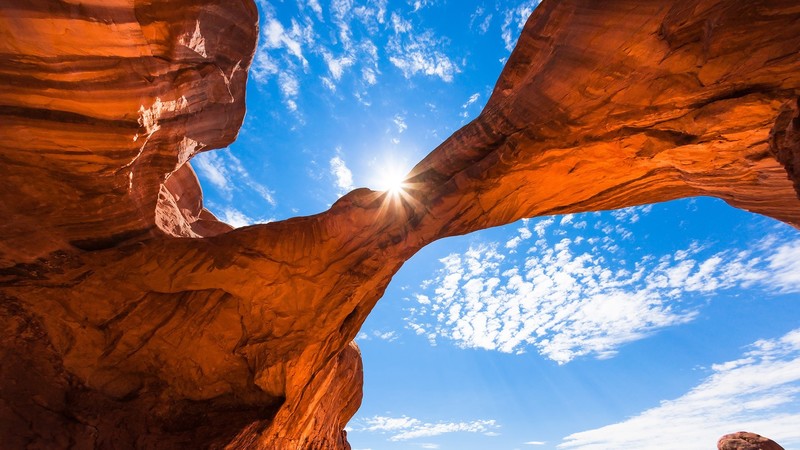 nature, landscape, clouds, sky, rocks, canyon, Sun, sun rays, Arches National Park, Utah, USA, bottom view