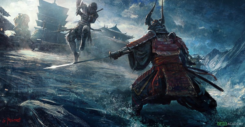 concept art, samurai, Tokyo, digital art, digital, Japanese characters, Japan, katana, ninjas, sword, snow, illustration