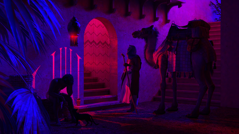 camels, staircase, stairs, palm trees, plants, cats, robes, neon, CGI, digital art, 3D graphics, shadow, artwork, illustration, neon lights