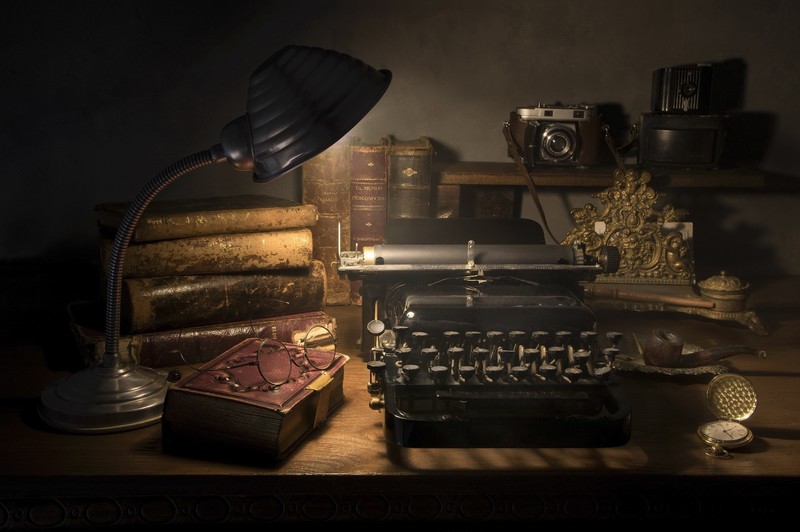 dark, typewriters, books